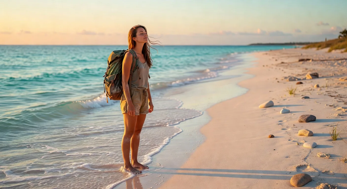 Solo female backpacker on beach