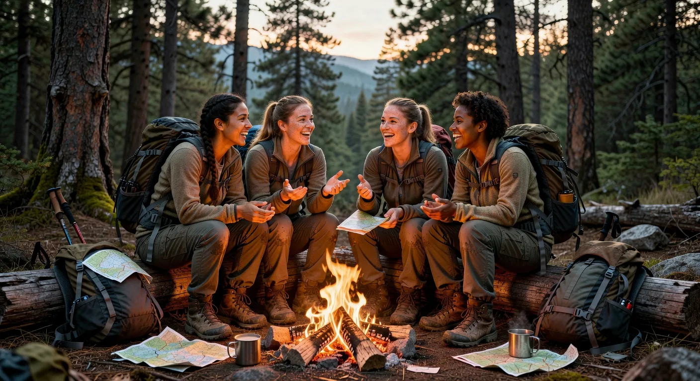 Women sharing travel stories around campfire