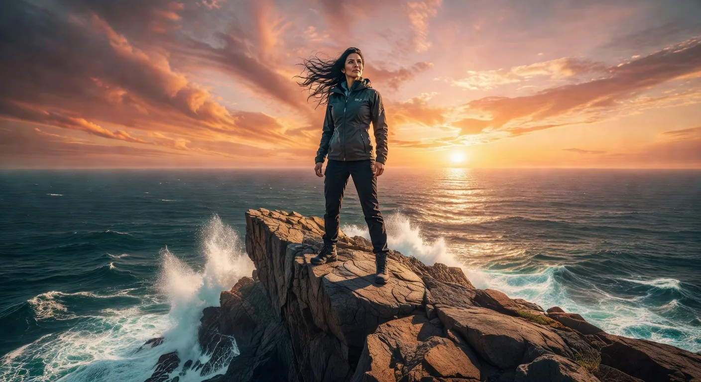 Empowered solo female traveler at ocean cliff