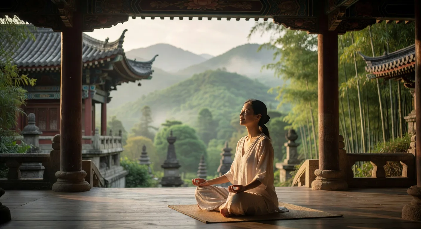 Peaceful solo traveler at temple
