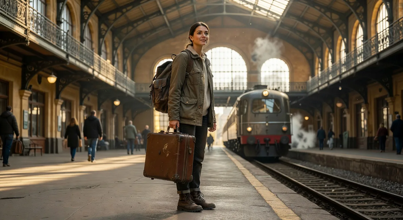 Solo female traveler at train station