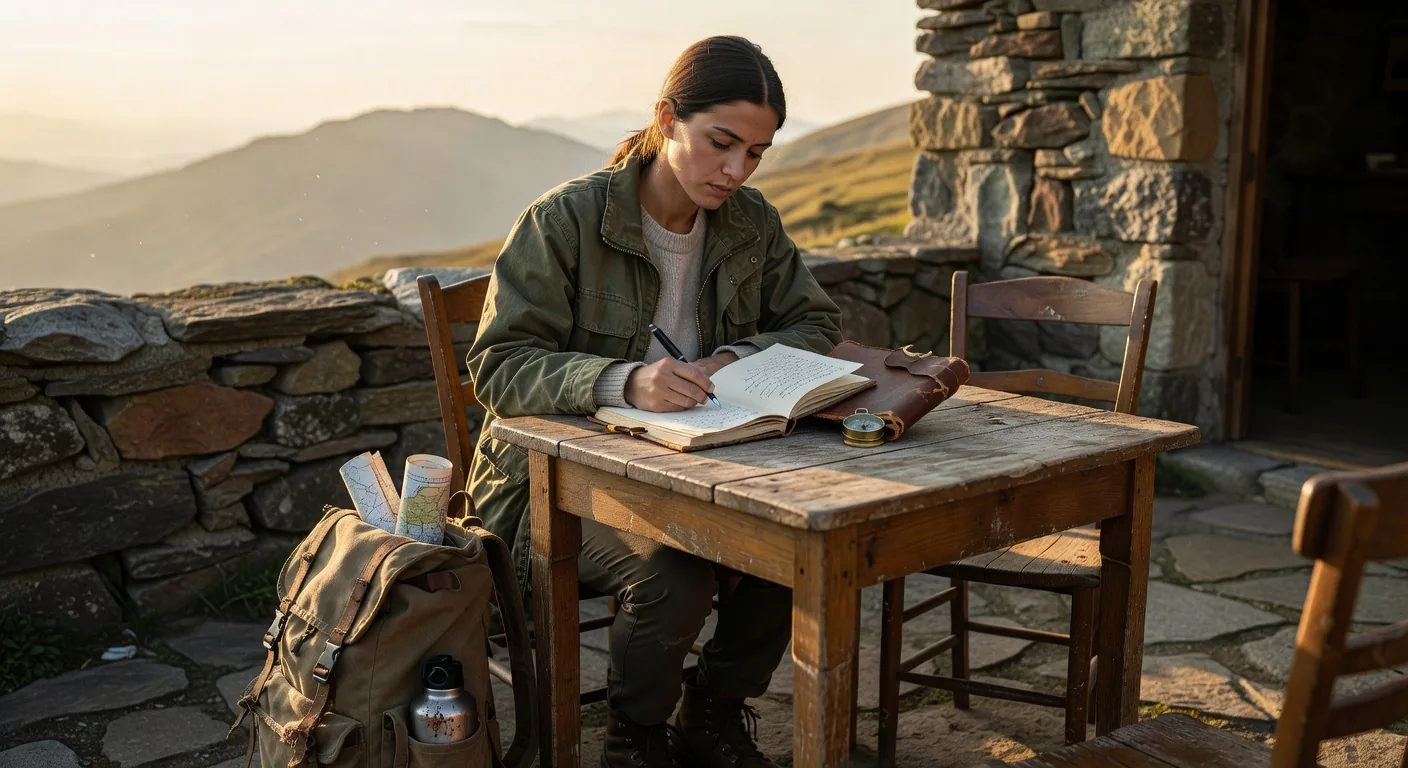 Woman writing in travel journal at accommodation