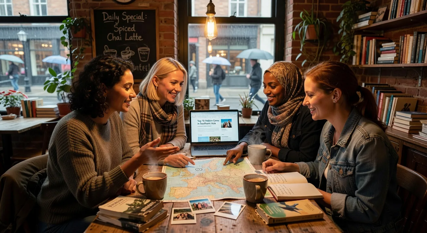 Women sharing travel tips in a café